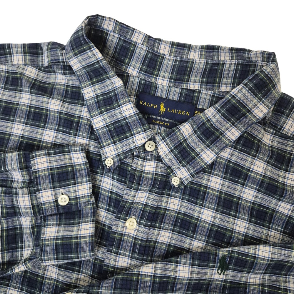 Ralph Lauren Button Down Shirt Mens 4XLT Blue Green Plaid Classic‎ Fit LS Pony